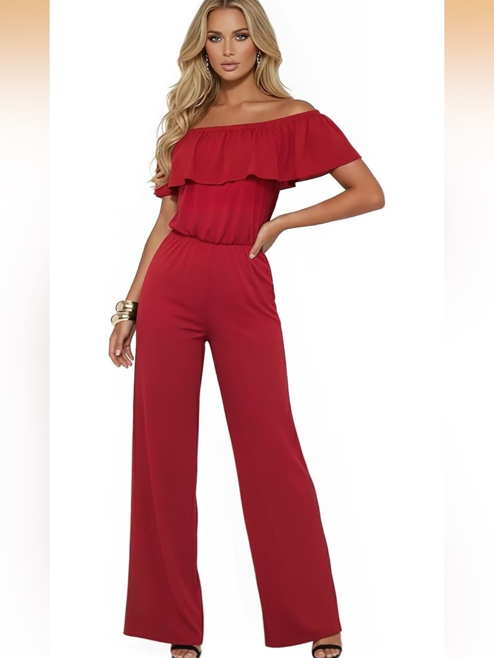 Off-Shoulder Wide-Leg Jumpsuit - Red